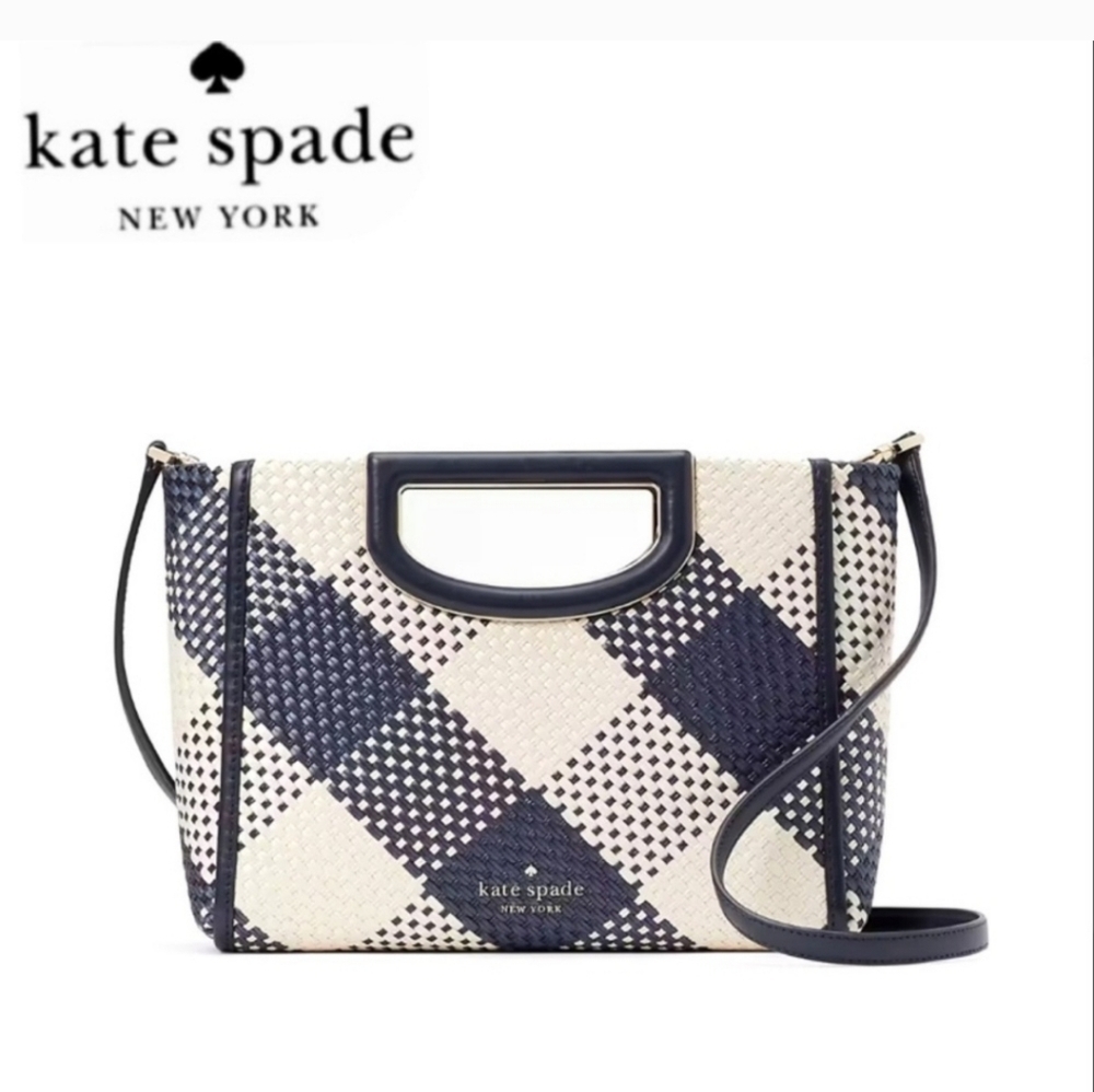 💙▪️KATE SPADE ▪️ALEXIA GINGHAM CROSSBODY STRAW/LEATHER BLAZER BLUE SHOULDER BAG
